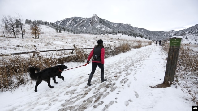 Una mujer camina su perro sobre la reciente nevada en el parque Chautauqua, en Boulder, Colorado, el miércoles, 11 de noviembre de 2015.