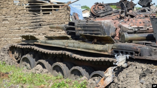 Tanks that have been destroyed during fighting between forces of Salva Kiir and Riek Machar, on July 10, 2016 in Jabel area of Juba, South Sudan, Saturday, July 16, 2016.