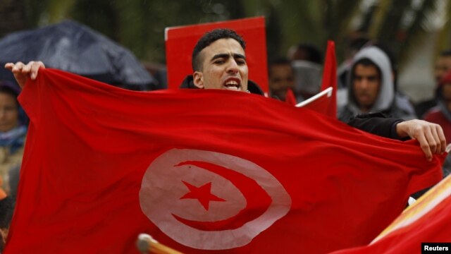 A demonstrator holds a Tunisian flag as he joins others demanding more compensation for the families of those injured or killed during the uprising against now deposed President Ben Ali, Tunis, January 17, 2013.