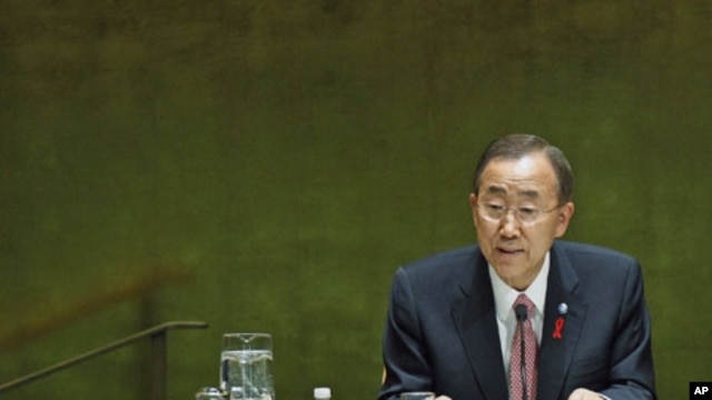 United Nations Secretary General Ban Ki-moon addresses diplomats in the United Nations General Assembly for the 2011 high-level UN conference on the global AIDS response, at UN Headquarters in New York, June 8, 2011
