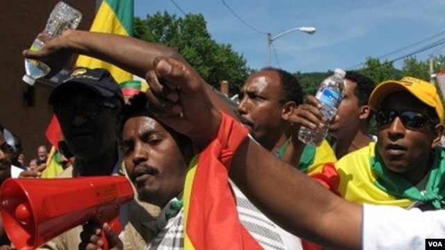 Ethiopian protesters called on President Obama to stop helping authoritarian leaders in Africa. (VOA / Nico Colombant)