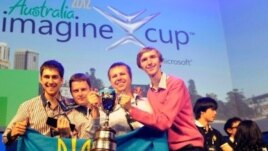 Team quadSquad from Ukraine celebrates getting first place at Imagine Cup 2012 in Australia.