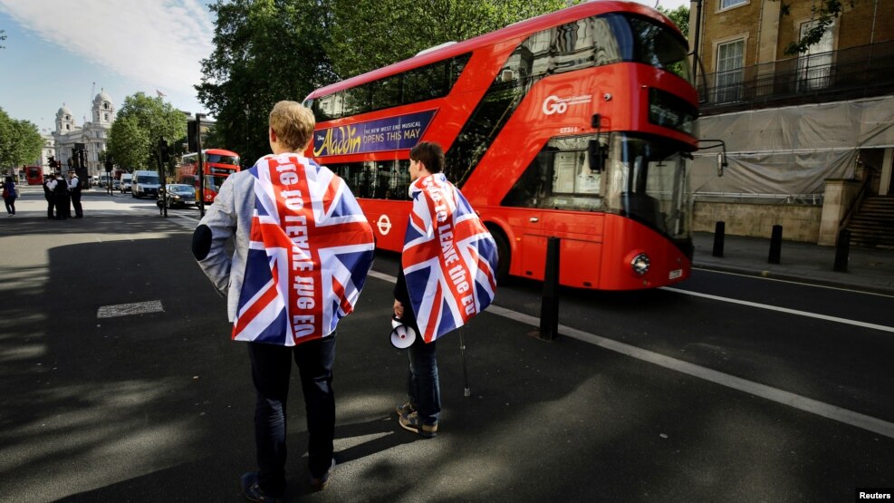 Vote leave supporters stand outside Downing Street in London after Britain voted to leave the European Union, June 24, 2016.