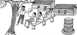 Teacher and students holding class under a tree - Illustration by Kotochi Mahama for Safaliba Literacy Texts
