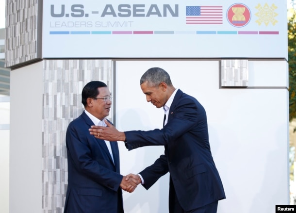 FILE - U.S. President Barack Obama welcomes Cambodia's Prime Minister Hun Sen upon his arrival at Sunnylands for a 10-nation Association of Southeast Asian Nations (ASEAN) summit in Rancho Mirage, California February 15, 2016.