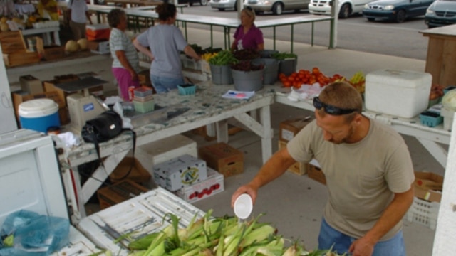 Jerry Gough  at the Ivy Farms booth at the Downtown Farmer's Market in Paducah, Kentucky, last month. Crops have been straining under high temperatures in the region.