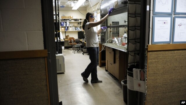 Mahasiswi doktorat sedang bekerja di Laboratorium Kimia Kline di Universitas Yale, New Haven, Connecticut. (Foto: AP)