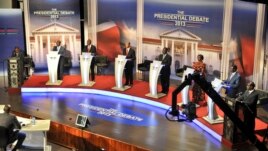 In this photo taken February 11, 2013, Kenyan presidential candidates take part in a televised debate in Nairobi, Kenya.