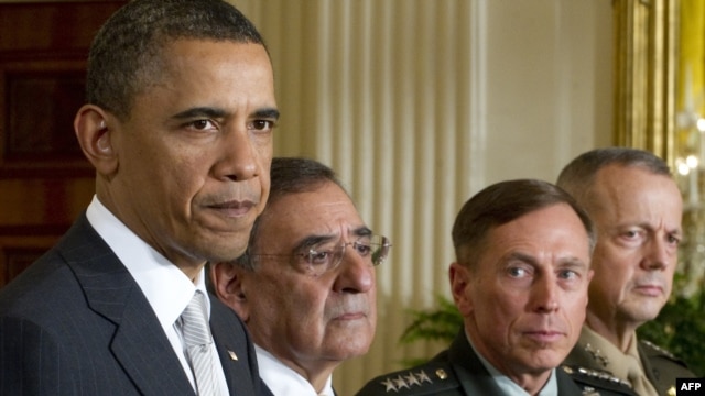 President Barack Obama, and from the left, Leon Panetta, General David Petraeus, and General John Allen in the White House in Washington, D.C., April 28, 2011 