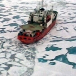 The Russian research vessel the Akademik Fyodorov with miniature submarines on board sails in the Arctic Ocean in this Reuters Television image (File)