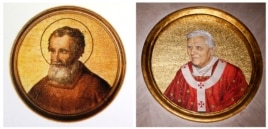 A combination picture of mosaics depicting Saint Celestine V (L) and Pope Benedict XVI taken Feb. 11, 2013.