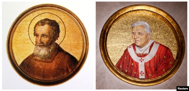 A combination picture of mosaics depicting Saint Celestine V (L) and Pope Benedict XVI taken Feb. 11, 2013.