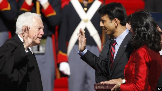 Louisiana Governor Bobby Jindal takes the oath of office on Jan. 14, 2008 during his inauguration ceremony. He was the first Indian-American elected governor of any state. The Smithsonian Institution will highlight the history of Indian-Americans in an up