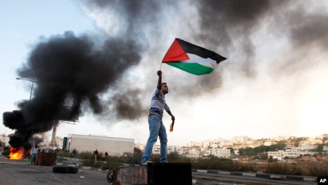 Un Palestinien fait flotter le drapeau national durant une manifestation près de Ramallah, le 18 nov. 2012