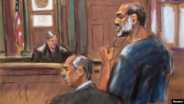 An artist sketch shows Suleiman Abu Ghaith, a militant who appeared in videos as a spokesman for al Qaeda after the September 11, 2001 attacks, appearing at the U.S. District Court in Manhattan, March 8, 2013.