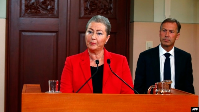 Bà Kaci Kullmann Five, đứng đầu Ủy ban Nobel, thông báo người thắng giải Nobel Hòa bình năm 2015 trong cuộc họp báo ở Oslo, Norway, ngày 9/10/2015. 