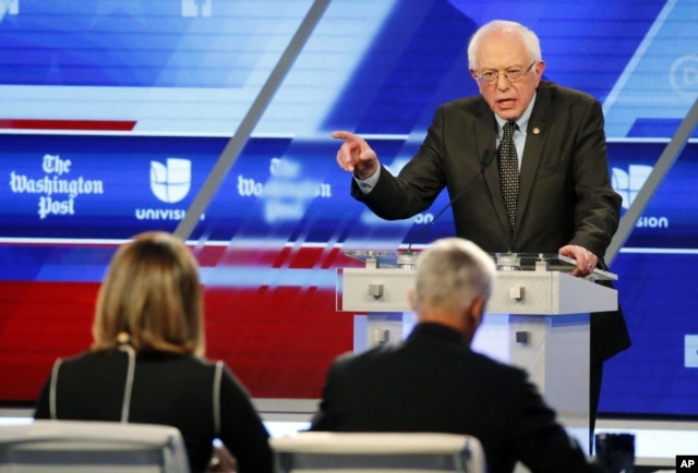 Democratic presidential candidate, Sen. Bernie Sanders, I-Vt, speaks at the Univision-Washington Post Democratic presidential debate at Miami-Dade College in Florida, March 9, 2016.