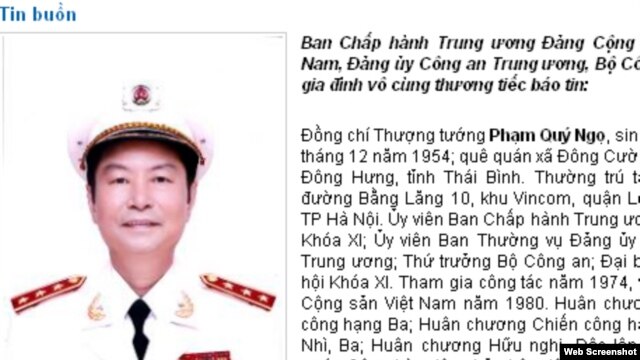 Thông báo về cái chết của ông Ngọ trên trang web của Bộ Công an Việt Nam hôm 19/2.
