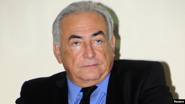 Former IMF head Dominique Strauss-Kahn looks on during a news conference at the Private University of Marrakech, Sept. 21, 2012.