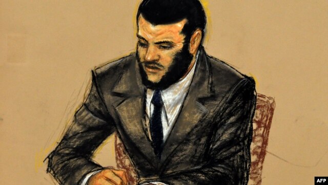 In this Pentagon-approved courtroom drawing by artist Janet Hamlin, Omar Khadr listens to replaying of McCarthy testimony, October 31, 2010. 