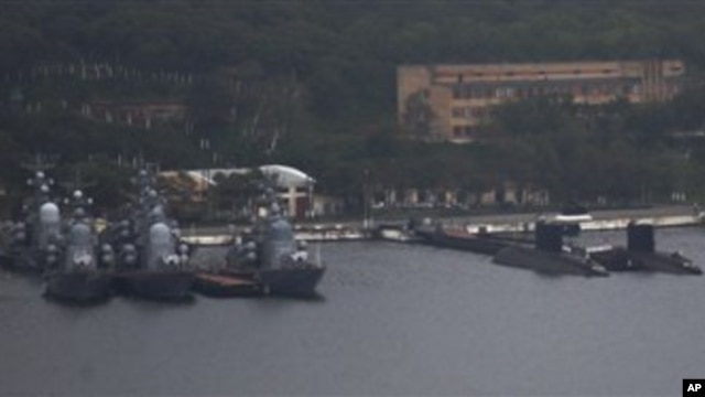 Russian naval warships, submarines berthed at port in the eastern city of Vladivostok, Sept. 5, 2012.