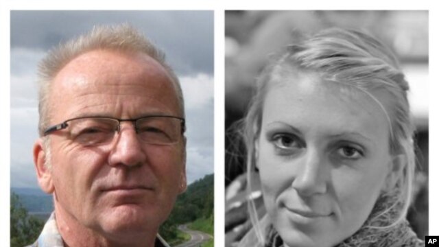 This combination photo made from undated images provided by the Danish Refugee Council shows Dane Poul Hagen Thisted, left, and American Jessica Buchanan.