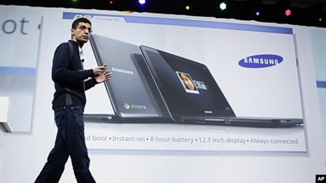 Sundar Pichai, VP of Product Management for Google, displays a Samsung notebook running on the Chrome operating system at the Google IO Developers Conference in San Francisco, May 11, 2011.