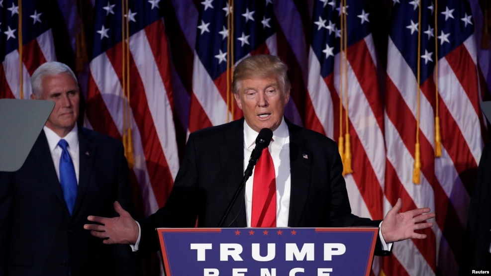 U.S. President-elect Donald Trump addresses supporters during his election night rally in Manhattan, New York, U.S., Nov. 9, 2016.