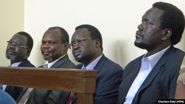 Left to right: former Security Minister Oyay Deng Ajak, former SPLM Secretary General Pagan Amum, former Deputy Defense Minister Majok D'Agot Atem, former envoy of Southern Sudan government to the US Ezekiel Lol Gatkuoth, in court.