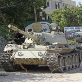 African Union Mission in Somalia tanks patrol after fighting against Islamist insurgents al-Shabab, in Suqa Holaha village of Horiwaa district, Mogadishu, Somalia, March 3, 2012.