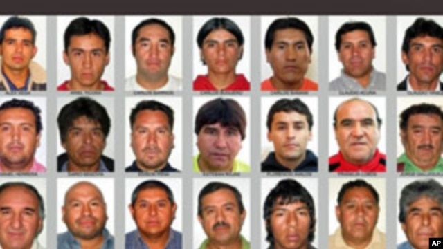 Composite picture of the 33 miners trapped in the San Jose mine in Copiapo, 800 km north of Santiago, Chile. (L to R) Alex Vega, Ariel Ticona, Carlos Barrios, Carlos Bugueno, Carlos Mamani, Claudio Acuna, Claudio Yanez, Daniel Herrera, Dario Segovia, Edis