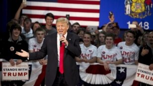 Republican U.S. presidential candidate Donald Trump delivers a speech at a campaign town hall event in Wausau, Wis., April 2, 2016.