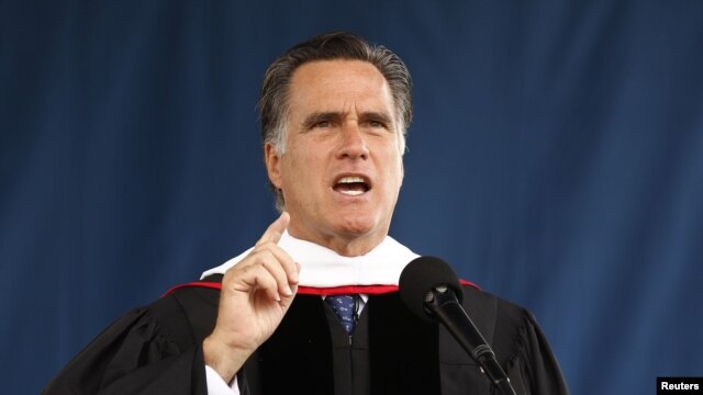 Mitt Romney, President Barack Obama's likely challenger in the November election, speaks at the Liberty University commencement ceremony in Lynchburg in the US state of Virginia May 12, 2012.