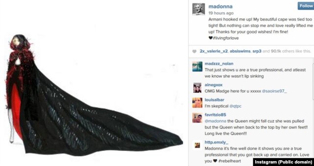 Image posted by Madonna on her Instagram account after her tumble during the Brit Awards, Feb. 25, 2015.