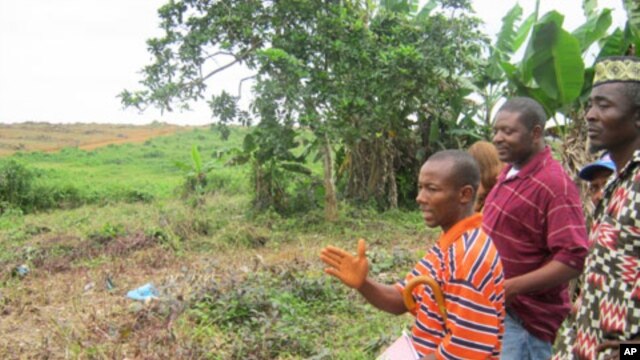 Community leaders in Nimba Point in Grand Cape Mount, Liberia, take Alfred Brownell (center) of Green Advocates, a member of the Rights and Resources Initiative, on a tour of land that had been cleared by Sime Darby, a Malaysia-based company.