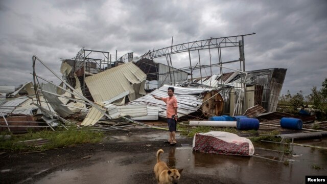 A dog walks past as a man stands in front of a factory building which was destroyed by Typhoon Rammasun, in Leizhou, Guangdong province, China, July 19, 2014.