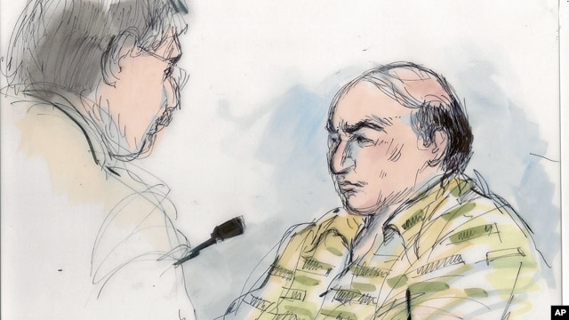 Courtroom sketch shows Mark Basseley Youssef (r) talking with his attorney Steven Seiden in court. Youssef, was behind an anti-Muslim film that sparked violence in the Middle East, Sept. 27, 2012.