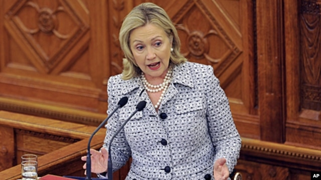 US Secretary of State Hillary Clinton delivers her speech, during the inauguration of the Tom Lantos Institute, at the Hungarian Parliament building,  in Budapest, Hungary, June 30, 2011