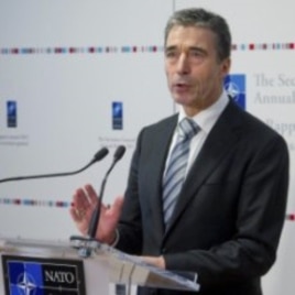 NATO Secretary General Anders Fogh Rasmussen talks during the presentation of NATO's Annual Report 2011at NATO headquarters in Brussels, January 26, 2012.