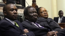 Zimbabwe Vice President Joice Mujuru (R), Prime Minister Morgan Tsvangirai (C) and member of the House of Assembly of Zimbabwe for Kuwadzana, Nelson Chamisa, attend the presentation of the Final Draft of the Constitution for debate in Parliament Building 