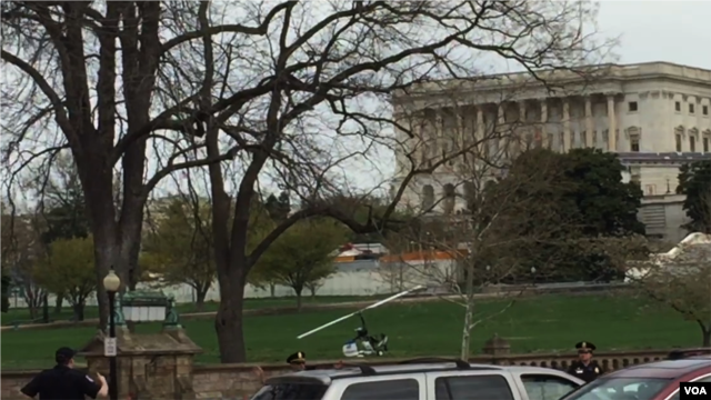 An unauthorized homemade gyrocopter lands on the U.S. Capitol grounds, April 15, 2015.