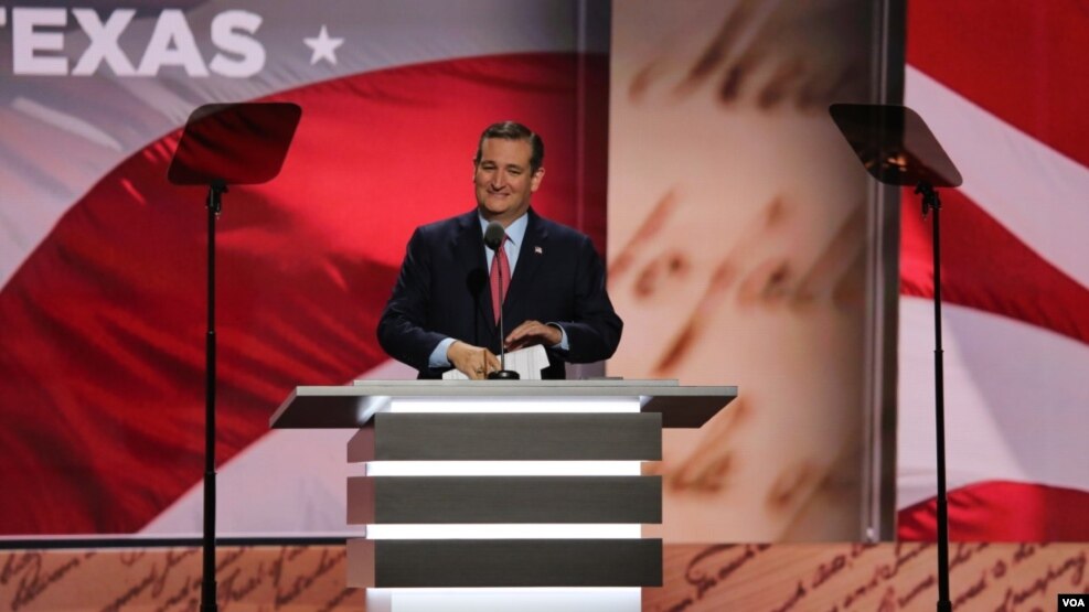 Thượng nghị sĩ Ted Cruz tại Đại hội toàn quốc Đảng Cộng Hoà, ngày 20 tháng 7 năm 2016. 