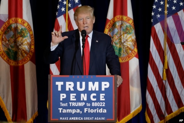 Republican presidential candidate Donald Trump during a campaign speech, Nov. 5, 2016, in Tampa, Fla.