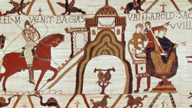 Detail from the Bayeux Tapestry in France.  The cloth, over 68 meters long, tells about the Norman conquest of England, the event marking the beginning of French influence on the English language