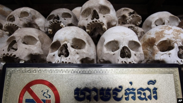 Human sculls are displayed in the stupa of Choeung Ek, a former Khmer Rouge "killing field" dotted with mass graves about nine miles (15 kilometers) south of Phnom Penh, 