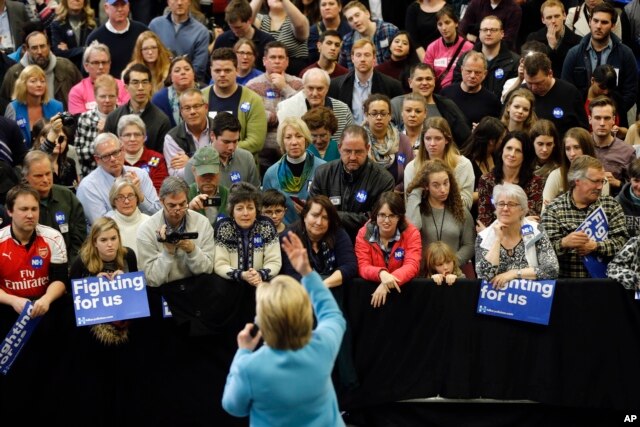 Democratic presidential candidate former Secretary of State Hillary Clinton speaks during a campaign stop, at Manchester Community College in Manchester, New Hampshire, Feb. 8, 2016.