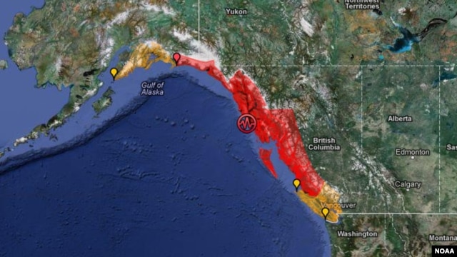 La zona coloreada de la imagen muestra la zona de Alaska y Canadá potencialmente afectada por el temblor.