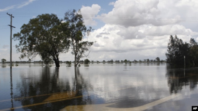 An arrow painted at the Capricorn Highway is seen under floodwaters 6km south of Rockhampton Jan 3, 2011