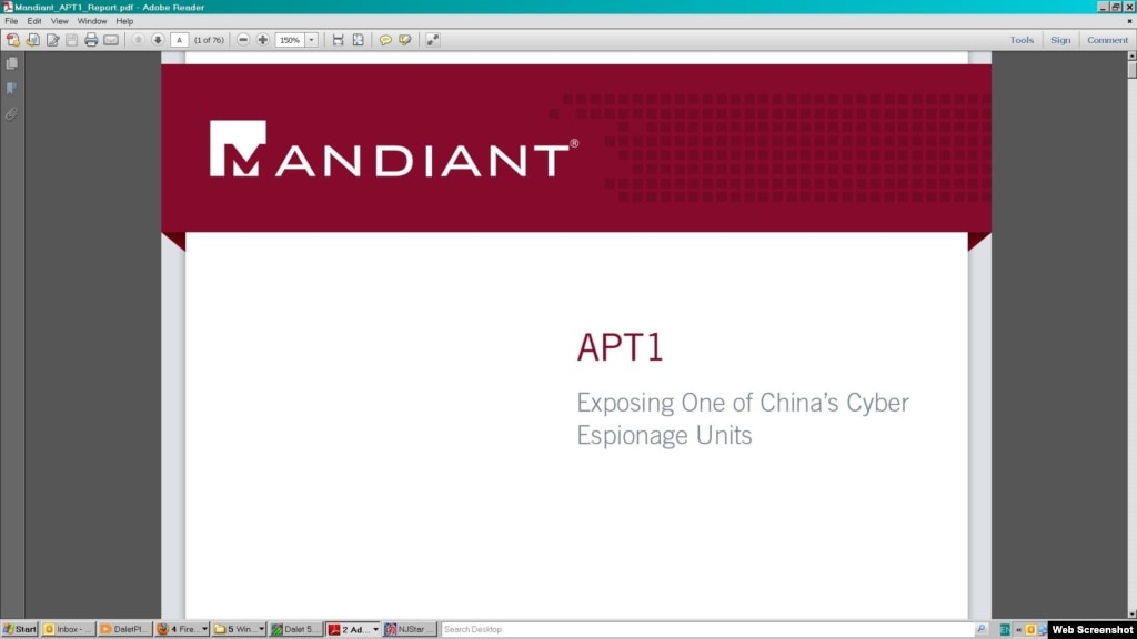 Perusahaan keamana komputer Amerika, Mandiant  mengatakan bahwa satuan tentara China baru-baru ini membobol sistem komputer lebih dari 100 perusahaan untuk mencuri rahasia dagang (Foto: halaman depan laporan Mandiant, www.madiant.com).