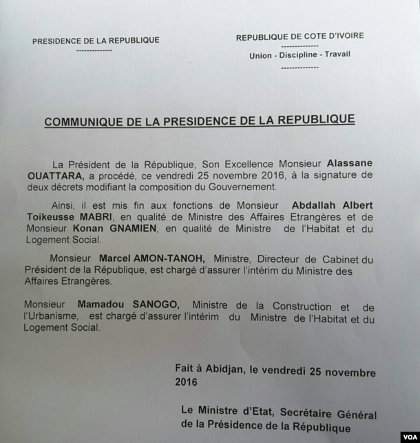 Communiqué de la présidence ivoirienne, Abidjan, le 25 novembre 2016